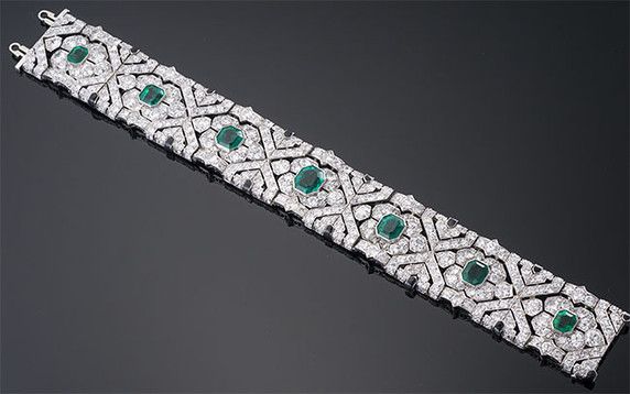 Art Deco Emerald, Diamond and Black Enamel Bracelet