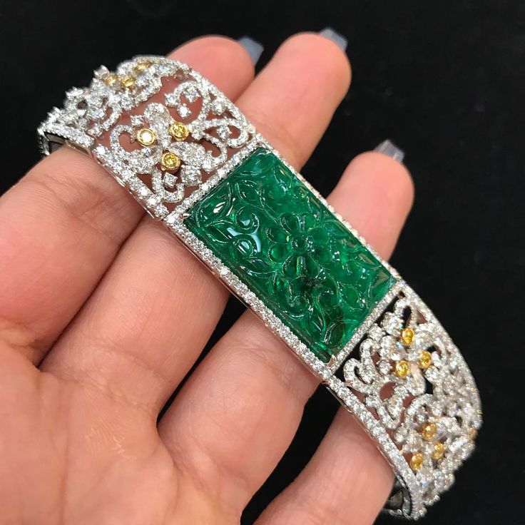 Carved Emerald and Diamond Bracelet by malpani jewels (@luxuryjewelleryevents)...