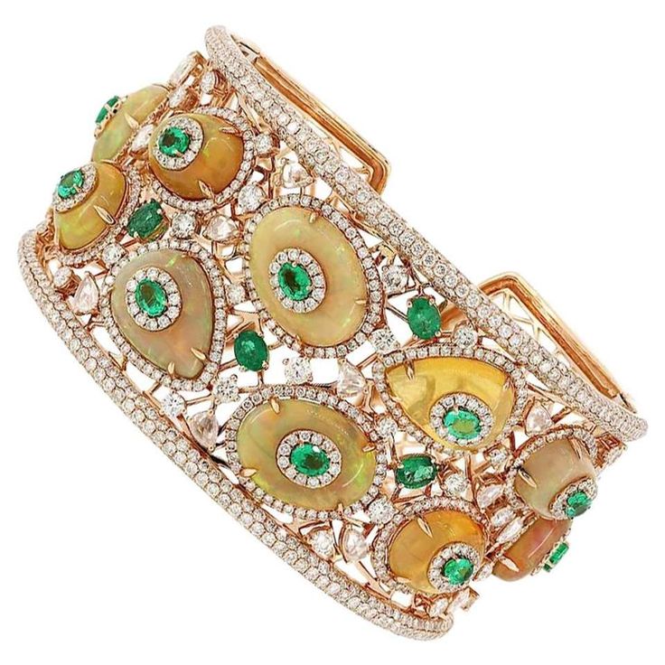 Ethiopian Opal Emerald Diamond Gold Cuff Bracelet 1...