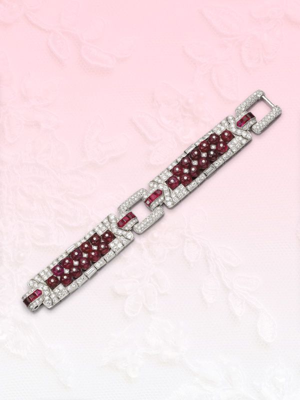 Fine ruby and diamond bracelet, Cartier, circa 1925. This geometric Cartier brac...