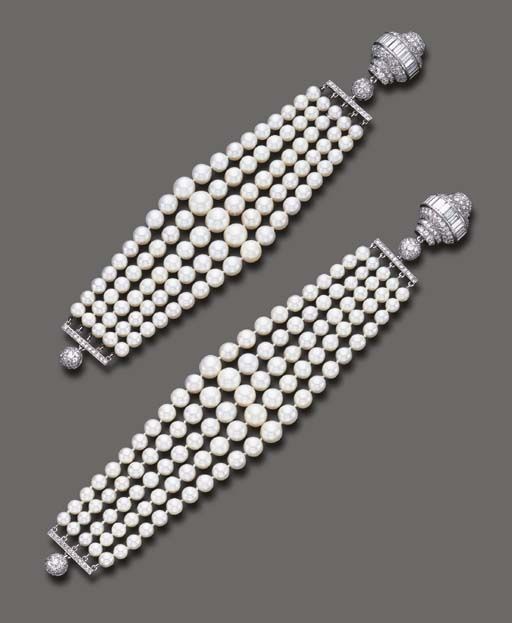 A PAIR OF ART DECO DIAMOND AND CULTURED PEARL BRACELETS Each designed as five st...