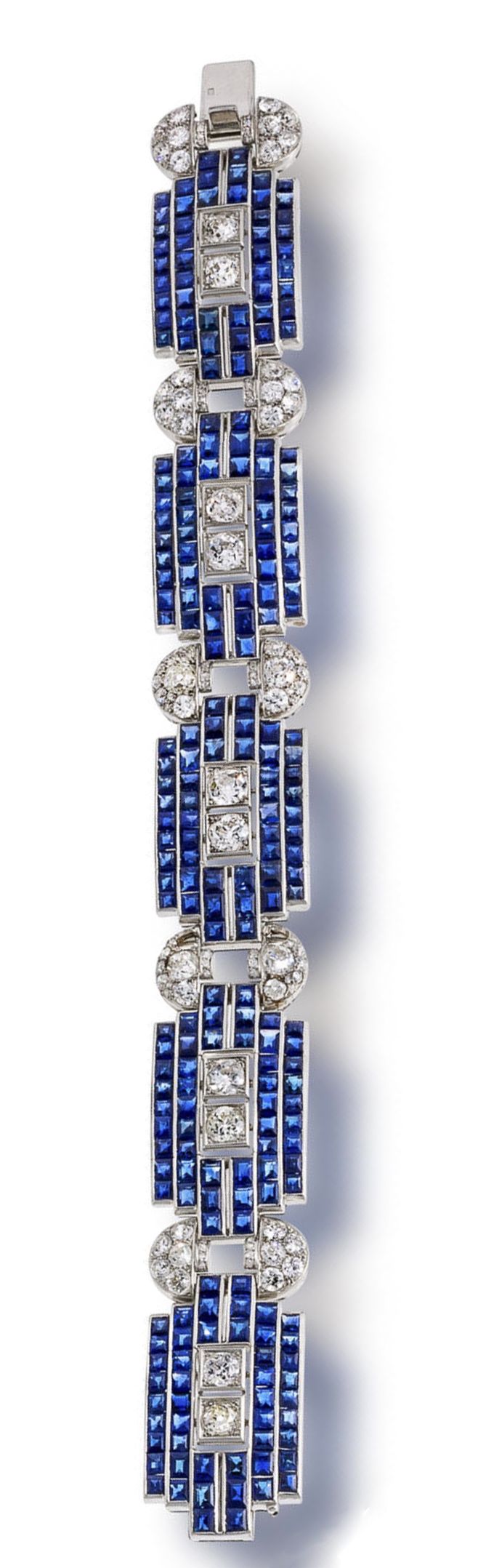 A sapphire and diamond bracelet, circa 1935 composed of geometric links set with...