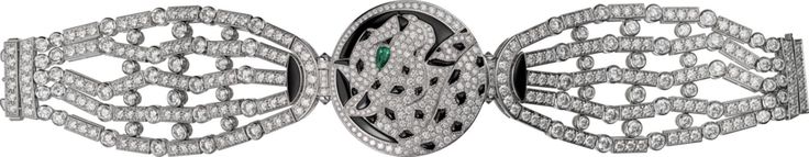 CARTIER. Secret watch panther decor - white gold, onyx, emerald eye, agate dial,...