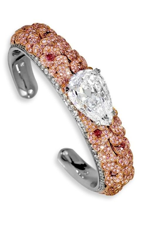 David Morris 10ct pear-shaped white diamond bangle with pink micro-set petals in...