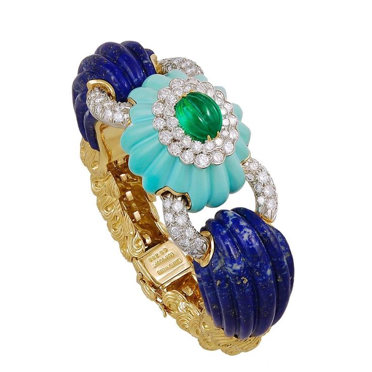 DAVID WEBB Two Tone Diamond, Lapis, Turquoise and Emerald Bangle | From a unique...