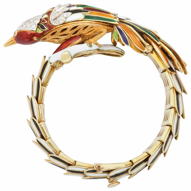 Diamond Multicolored Enamel Gold Bird Bracelet | From a unique collection of vin...
