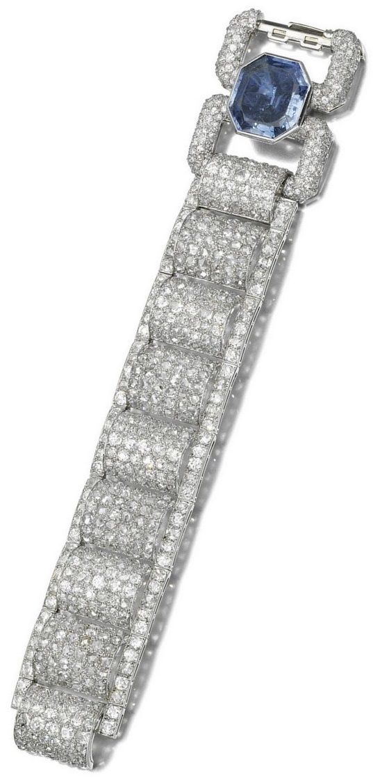 Sapphire and diamond bracelet, 1930s. Designed as a series of arched links set w...