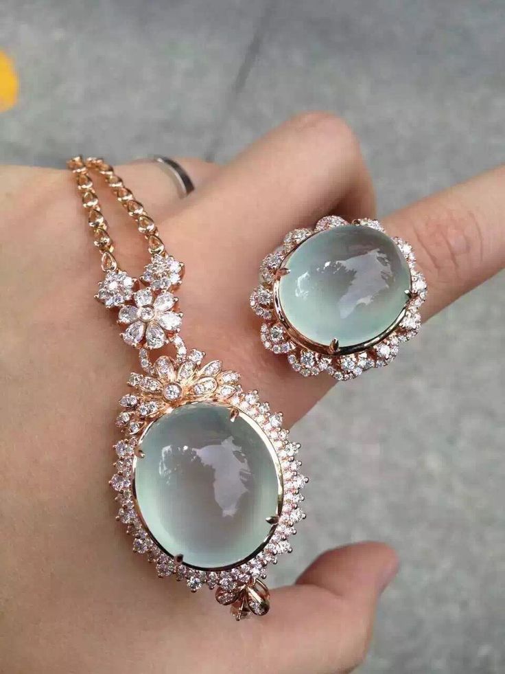 Transparent icy clear jade pendant ring jewelry set ~ 20K