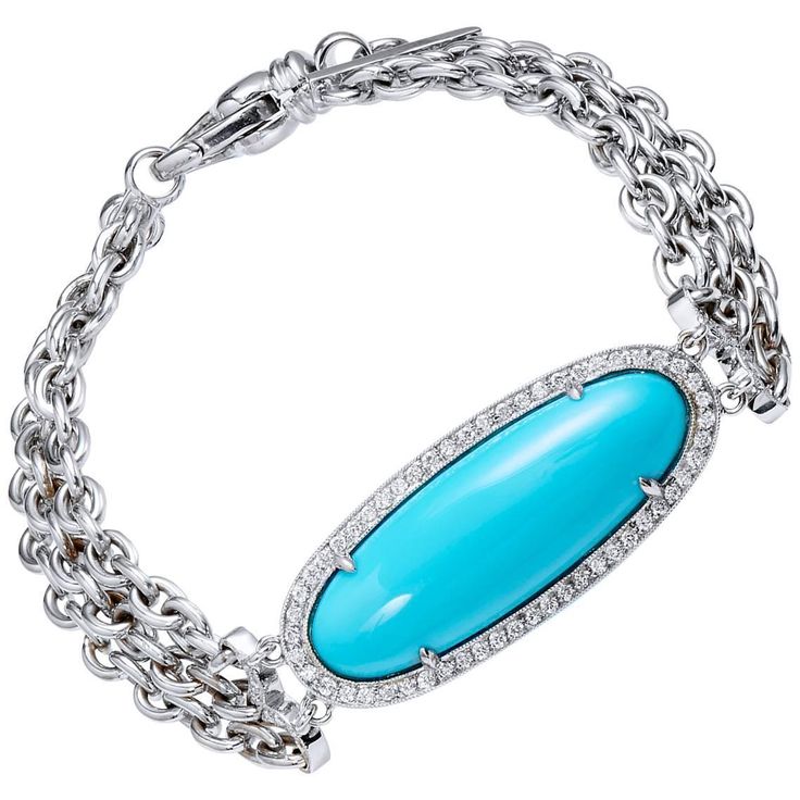 Turquoise Diamond Gold Bracelet | From a unique collection of vintage chain brac...