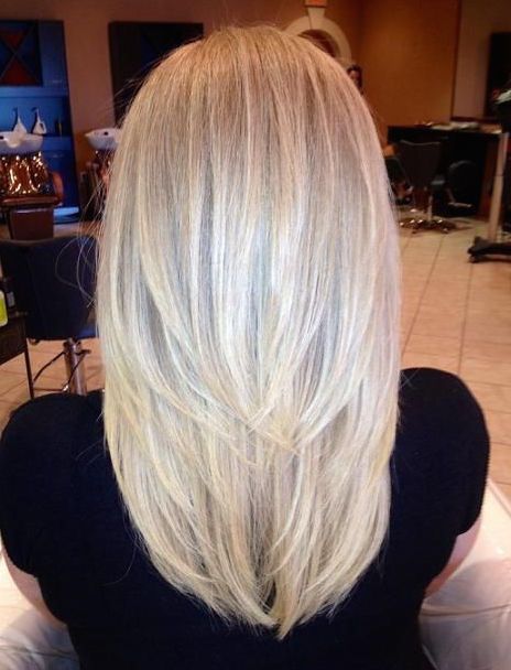 Straight Medium-Length Layered Platinum-Blonde Hair...