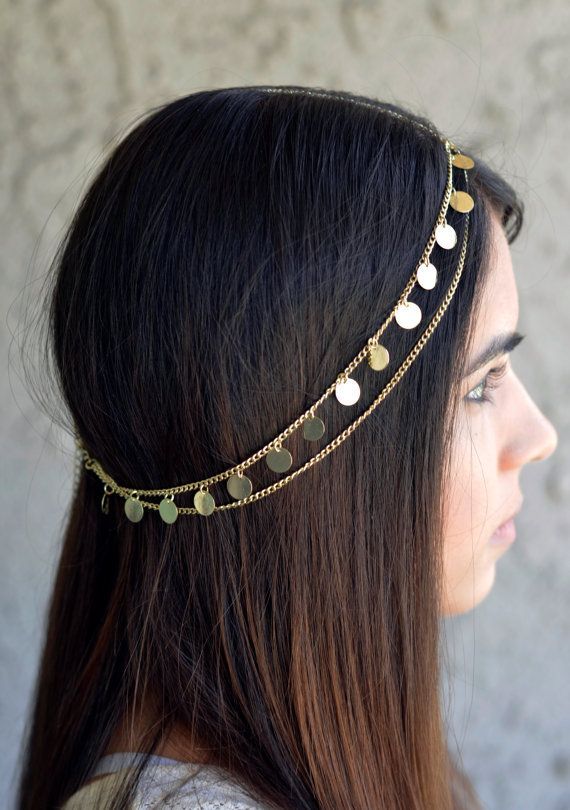 Accesories to dress cool for Coachella Festival. Gold Coin Hair Chain Jewelry Se...