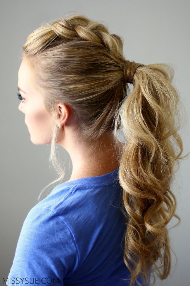 Braid and Pony Tail with waves for long hair. dutch braid mohawk ponytail....