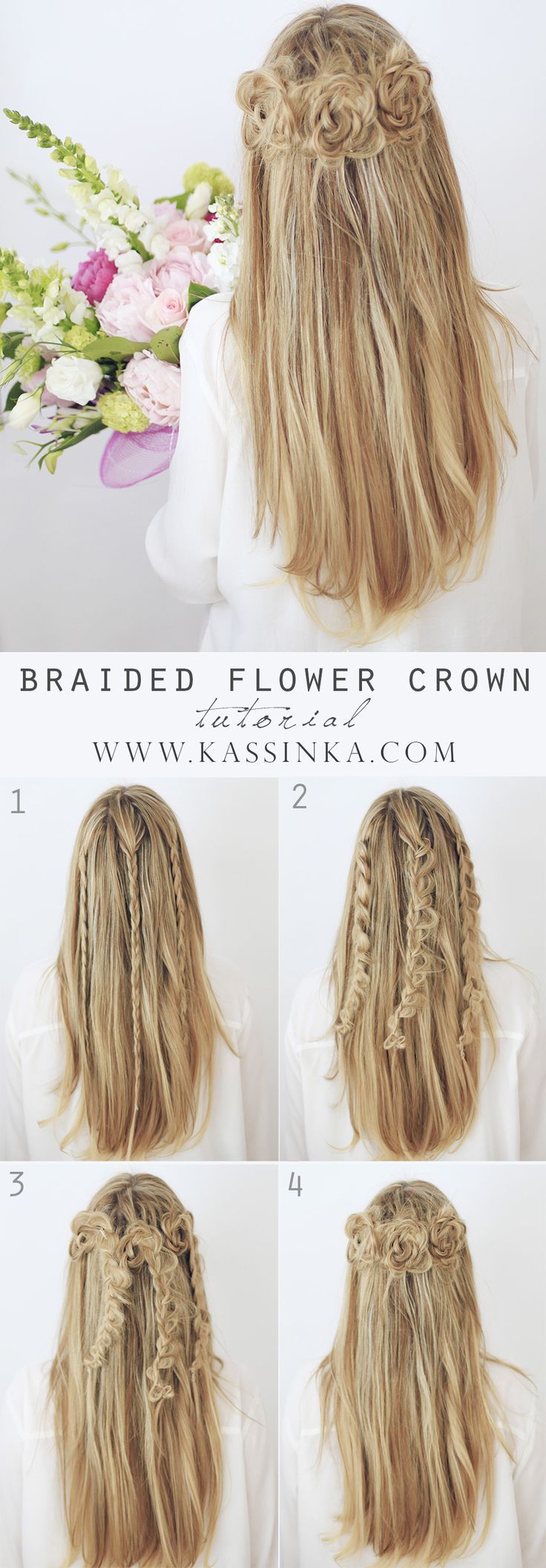 Braided Flower Crown for a half up half down hairdo. Beauty tips for hair. Tutor...