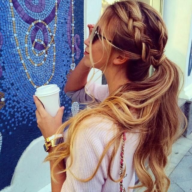 Cute hairstyle for long hair. Pony tail with braid.