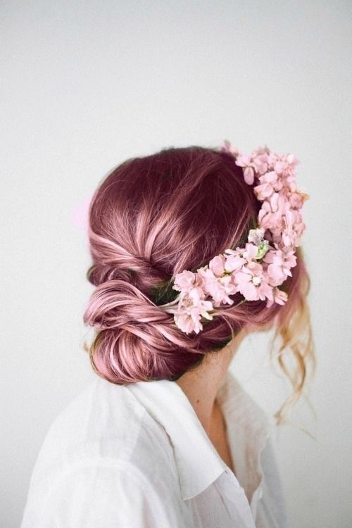 Pink hair. Gorgeous updo with a flowers crown. Inspiration to change your look f...