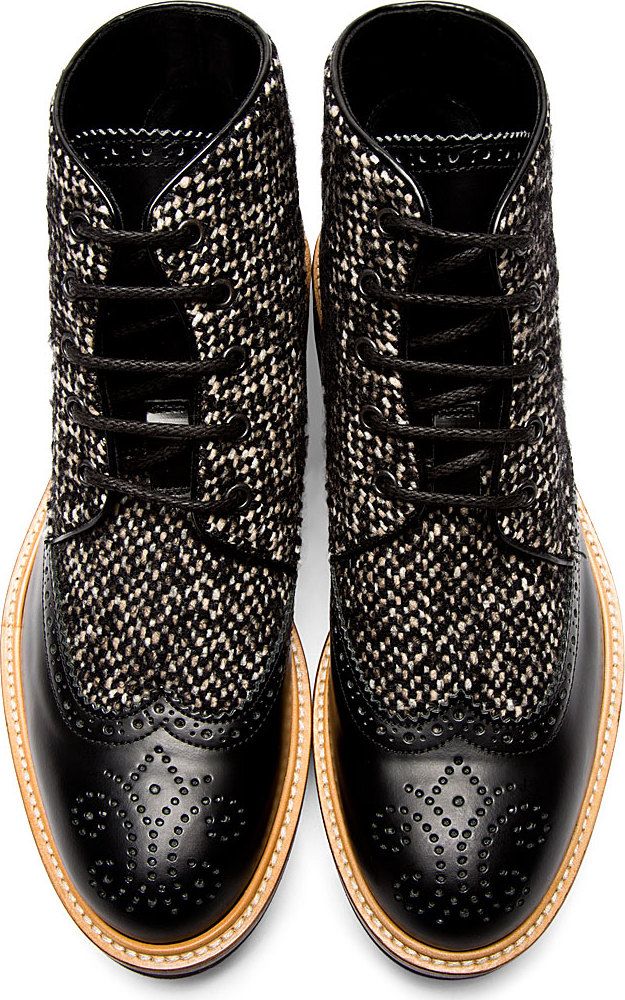 Dsquared2: Black Leather & Tweed Brogued Boots