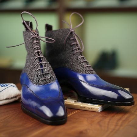 Saint Crispin's model 605, blue austerity brogue Balmoral boot, with a tweed...