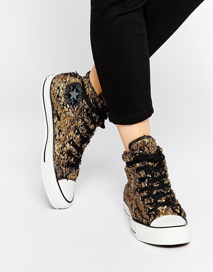 Converse Gold Sparkle Faux Fur Chuck Taylor High Top Trainers at asos.com
