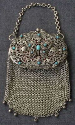 ANTIQUE JEWELED FILIGREE BUTTERFLY METAL MESH PURSE