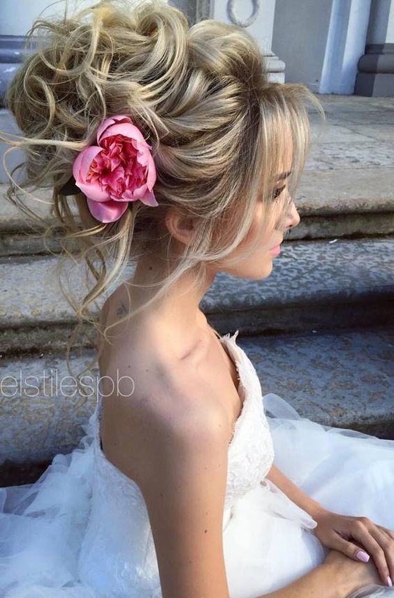 Soft Waves Pink Flower Updo Wedding Hairstyle - MODwedding