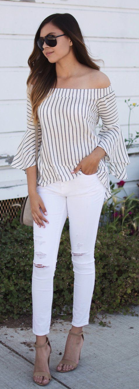 Ripped white jeans + Striped blouse. Fashion Details Street Style...