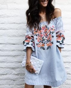 Embroidered Chambray Dress...