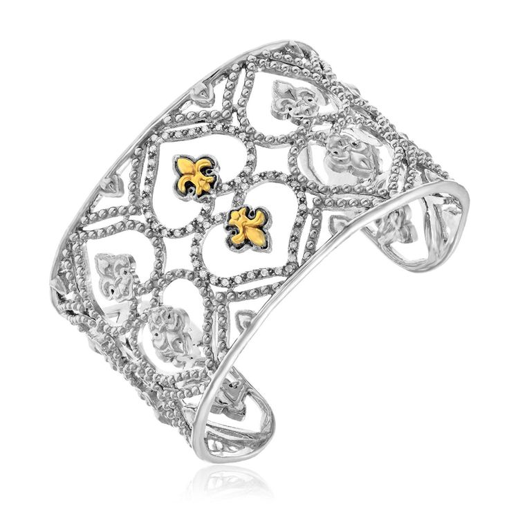 18K Yellow Gold & Sterling Silver Byzantine Style Cuff with Diamonds
