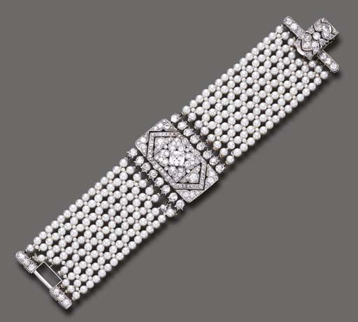 AN ART DECO PEARL AND DIAMOND BRACELET, BY CARTIER The wide pearl and seed pearl...