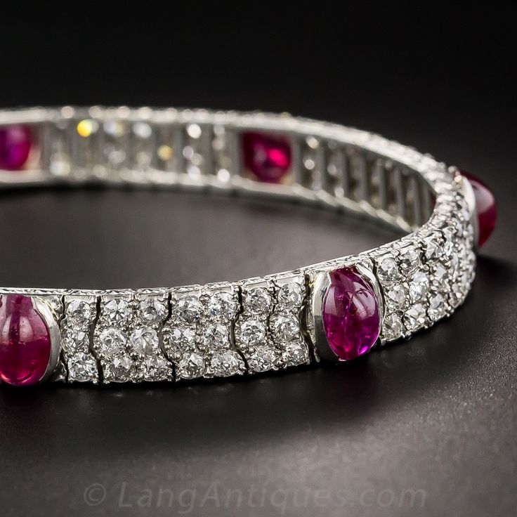 Art Deco No-Heat Burmese Ruby, Platinum and Diamond Bracelet. Seven rich, strawb...