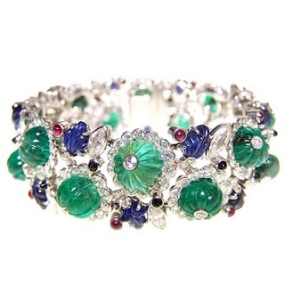 Art Deco Tutti Frutti bracelet with diamonds, carved emeralds and sapphires and ...