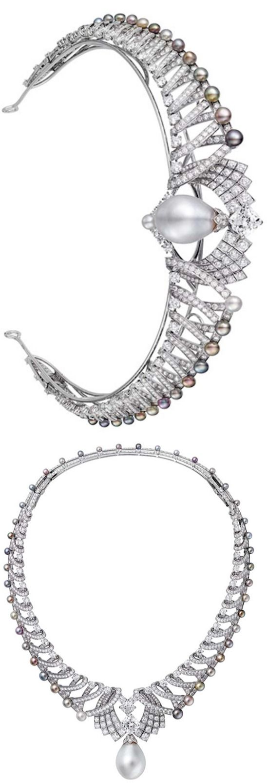 Cartier diamond tiara, necklace, decorated with pearls. In the center - a comple...
