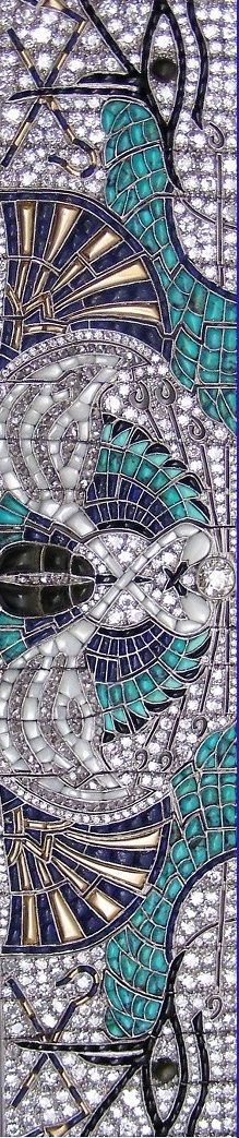 Closeup ~ An Art Deco Egyptian Revival platinum, gold, enamel, diamond and onyx ...