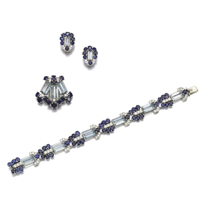 Sapphire, aquamarine and diamond parure, Cartier, circa 1930 Comprising: a brace...