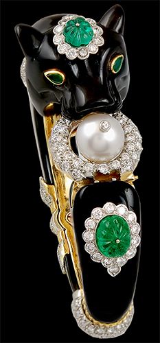VAN CLEEF & ARPELS Diamond, Onyx, Pearl & Carved Emerald Bangle...