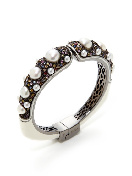 White Enamel, Pave Multicolor Sapphire, & Pearl Bangle by M.C.L. By Matthew Camp...