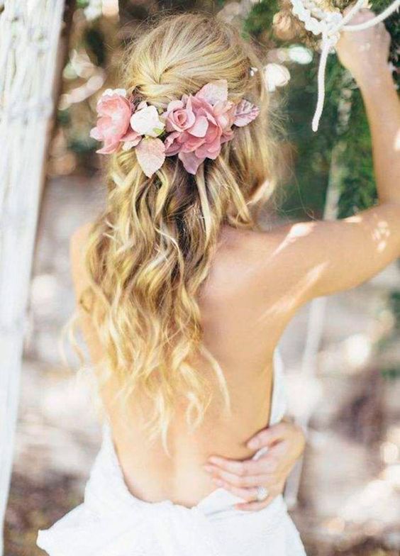 Beach Waves Pink Flower Crown Wedding Hairstyle - MODwedding