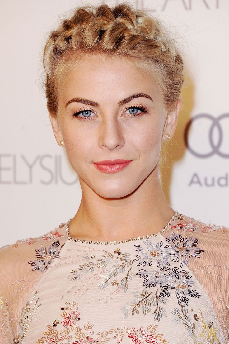 A polished French braid along the hairline perfectly complements Julianne Hough'...