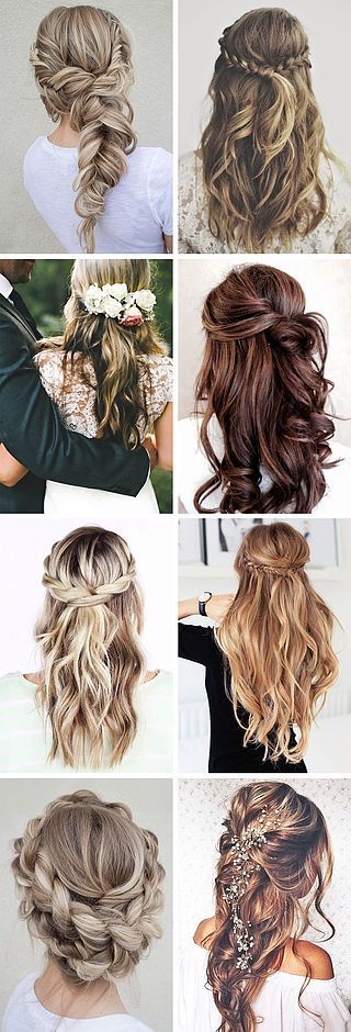 boho waterfall braids for long hair. Updo and half up and half down hairdos.