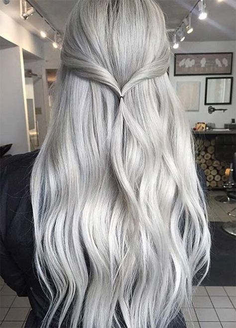 Granny Silver/ Grey Hair Color Ideas: Vanilla Grey Long Hair...