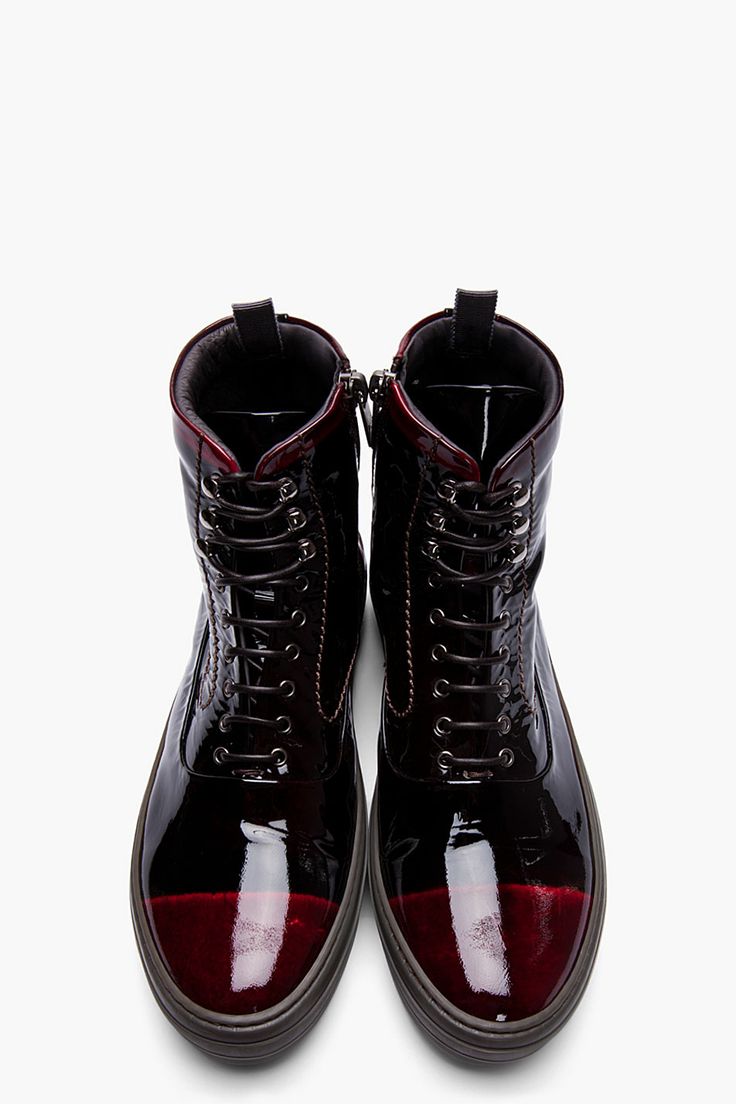 ALEXANDER MCQUEEN Black & Burgundy Patent Leather High Top Sneakers...