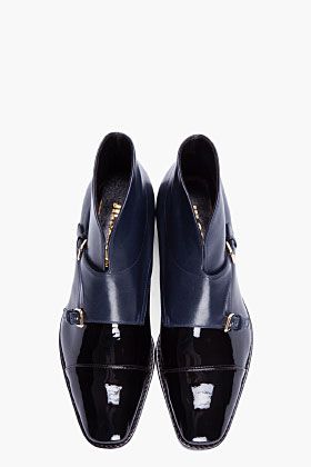 JIL SANDER Black & Navy patent leather monk boots...