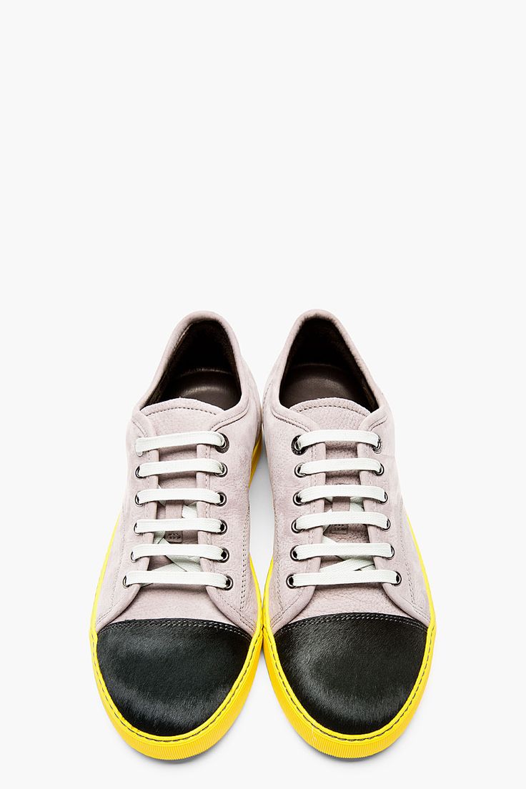 LANVIN Grey leather & calf-hair Tennis sneakers
