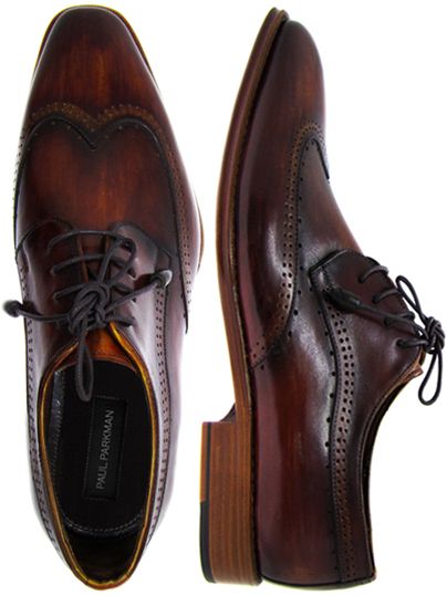 Paul Parkman Men's Wingtip Derby Shoes Tobacco & Bordeaux Hand-Painted Leath...