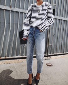 relaxed denim jeans and stripped shirt