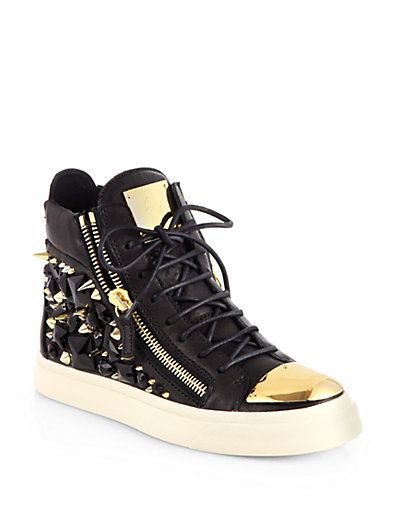 Gem Studded Leather High Top Sneakers by Giuseppe Zanotti