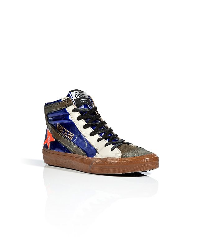 GOLDEN GOOSE Slide Sneakers in Blue Lamé/Orange Fluo Star