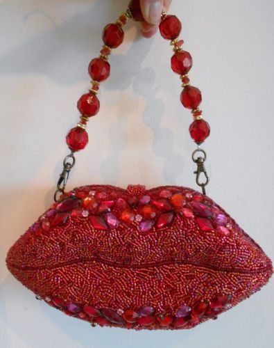 Mary Frances Bags Winter 2013 Smack Red Pink Bead Lips Beaded Purse Handbag NEW