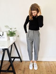 cropped tailored trousers, roll neck jumper, converse white...