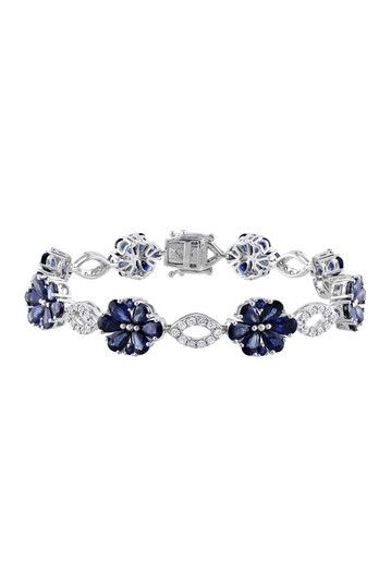 14K White Gold Diamond & Sapphire Flower Bracelet
