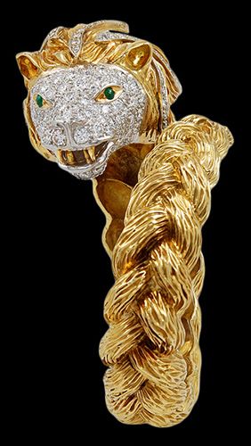 18k Yellow Gold Diamond & Emerald Lion Bangle - Yafa Jewelry...